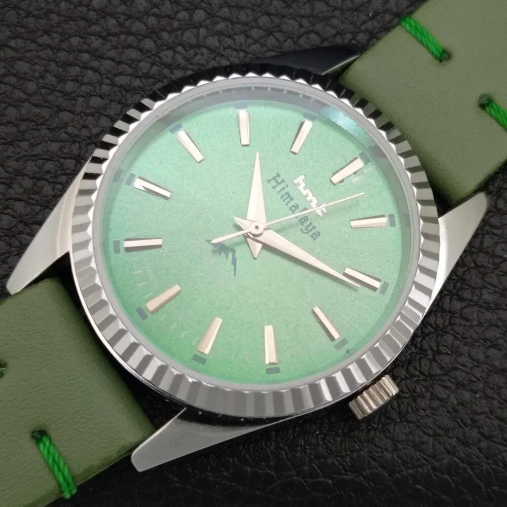 Vintage 1985 HMT Manual Wound Mens Silver Watch & Green accents